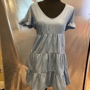 Cute blue light denim jean dress with layers flare